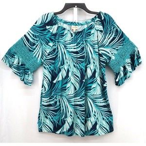 Greige Blouse Womens Size M Teal Blue Palms Crochet Accent Mid Sleeve Top